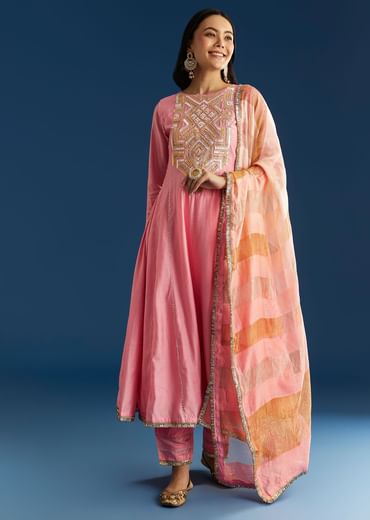 Pink Muslin Gotta Work Anarkali With Gotta Lace Pant And Dupatta