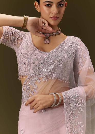 Pink Net Saree With All Over Embroidery