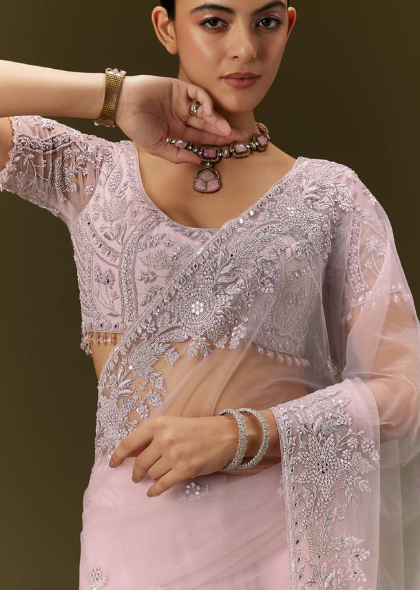 Pink Net Saree With All Over Embroidery