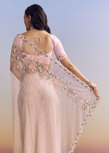 Pink Net Saree With Pastel Floral Embroidery And Resham Detailing