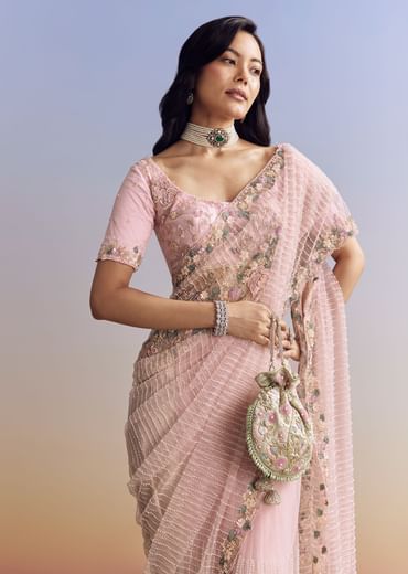 Pink Net Saree With Pastel Floral Embroidery And Resham Detailing