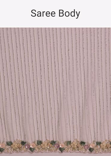 Pink Net Saree With Pastel Floral Embroidery And Resham Detailing