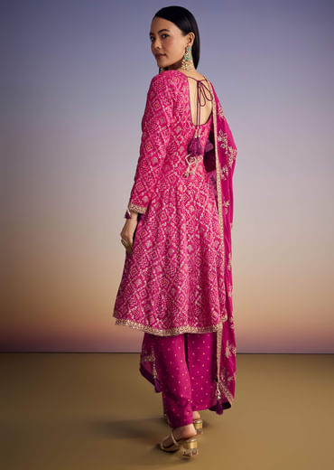 Pink Ombre Bandhani Anarkali Suit With Zardosi Neckline