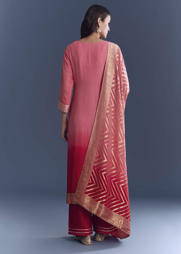 Pink Ombre Georgette Kurta Set With Banarasi Weave