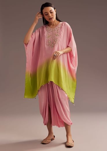 Pink Ombre Moti Zardosi Crepe Kaftan Kurta Dhoti Set