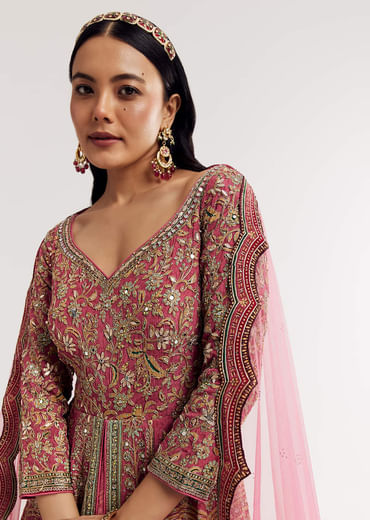 Pink Ombre Printed Anarkali Suit With Gotta And Mirror Work