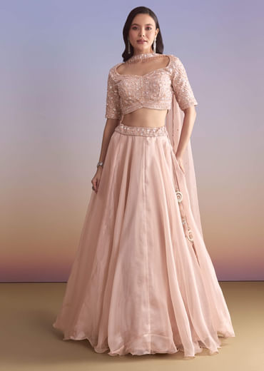 Pink Organza Bridesmaid Lehenga With Sequins And Cutdana Embroidery