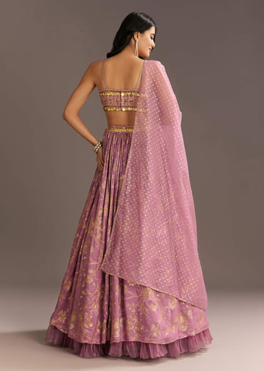 Pink Organza Double Layered Lehenga Set With Handwork Embroidery