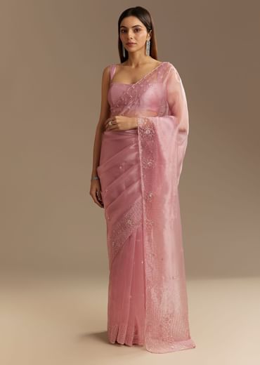 Pink Organza Sequins Saree With Scallop Border