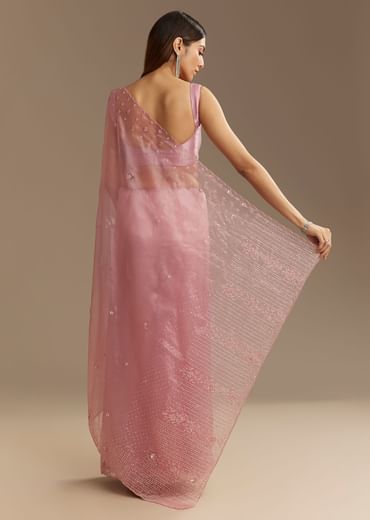 Pink Organza Sequins Saree With Scallop Border