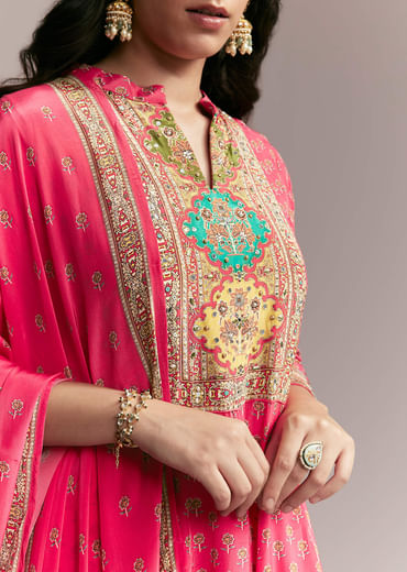 Pink Printed Crepe Anarkali Set