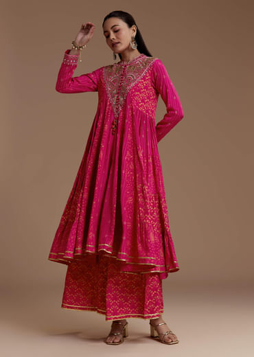 Pink Printed Flared Kurta and Palazzo Set