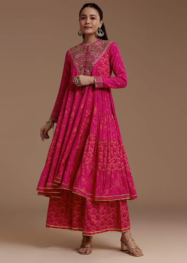 Pink Printed Flared Kurta and Palazzo Set