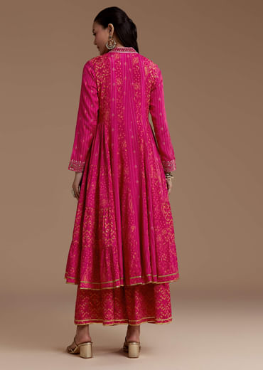 Pink Printed Flared Kurta and Palazzo Set