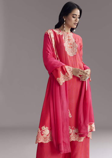 Pink Printed Palazzo Set With Mirror Work