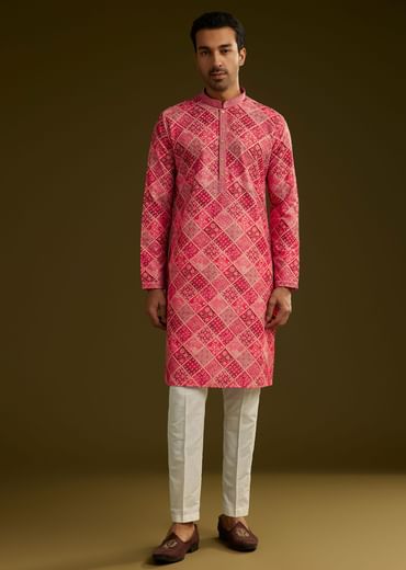 Pink Printed Silk Kurta Set With Geometric Motifs