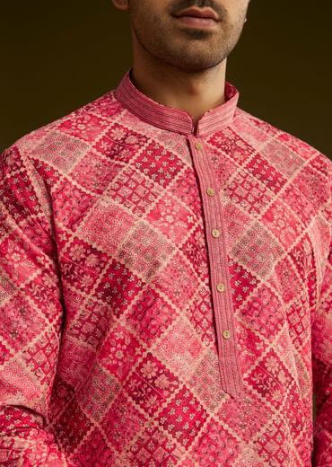Pink Printed Silk Kurta Set With Geometric Motifs