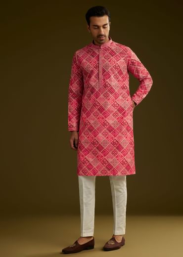 Pink Printed Silk Kurta Set With Geometric Motifs