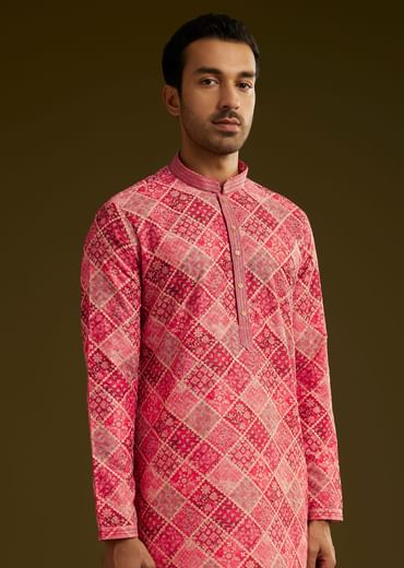 Pink Printed Silk Kurta Set With Geometric Motifs