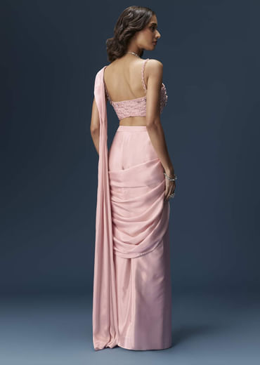 Pink Ready Pleated Saree With Embroidered Blouse
