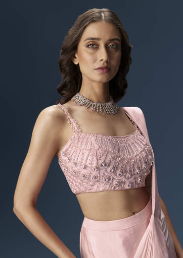 Pink Ready Pleated Saree With Embroidered Blouse