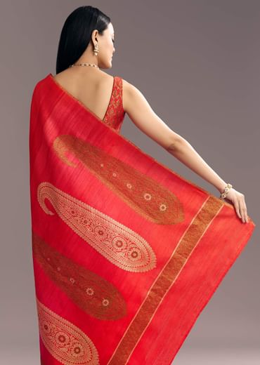 Pink Red Kora Silk Handloom Saree With Woven Traditional Motif