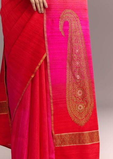 Pink Red Kora Silk Handloom Saree With Woven Traditional Motif