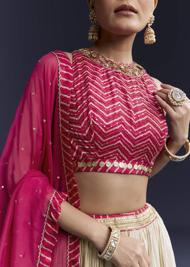 Pink Satin Bridesmaid Lehenga With Hand Dyed Chevron Print Choli