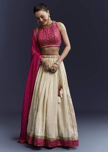 Pink Satin Bridesmaid Lehenga With Hand Dyed Chevron Print Choli