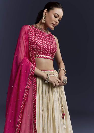 Pink Satin Bridesmaid Lehenga With Hand Dyed Chevron Print Choli