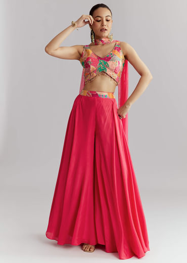 Pink Satin Crop Top Palazzo Pant Set With Heavy Embroidery