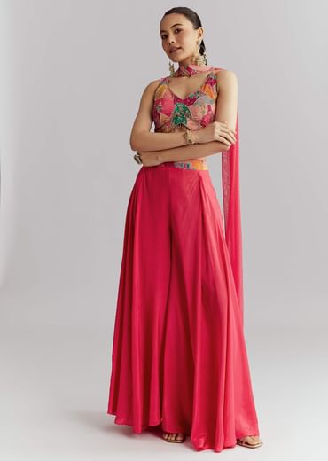 Pink Satin Crop Top Palazzo Pant Set With Heavy Embroidery