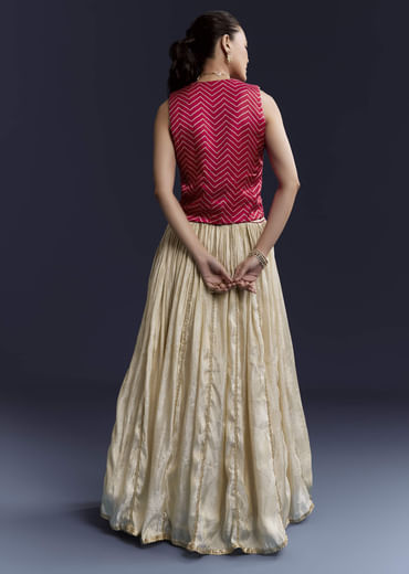 Pink Satin Festive Lehenga With Hand Dyed Chevron Print Jacket