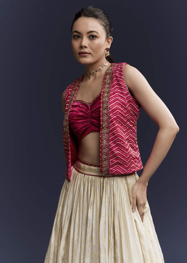 Pink Satin Festive Lehenga With Hand Dyed Chevron Print Jacket
