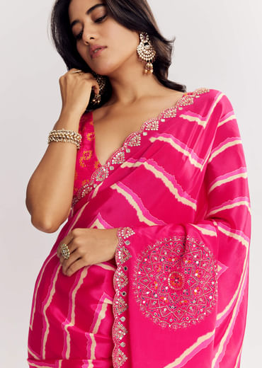 Pink Satin Saree With Gota And Mirror Embroidery