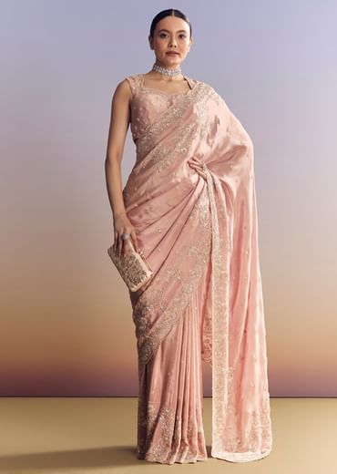 Pink Satin Saree With Scalloped Embroidery