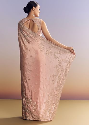 Pink Satin Saree With Scalloped Embroidery