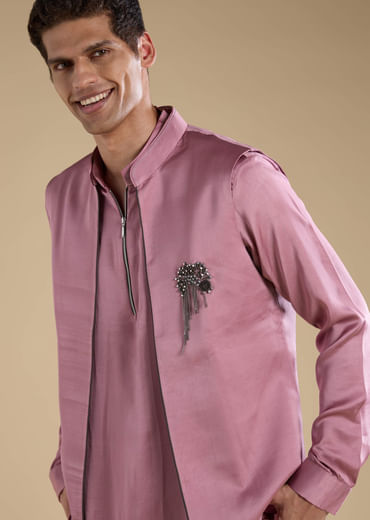 Pink Satin Silk Jacket and Kurta Set with Metal Work