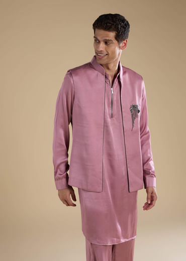 Pink Satin Silk Jacket and Kurta Set with Metal Work