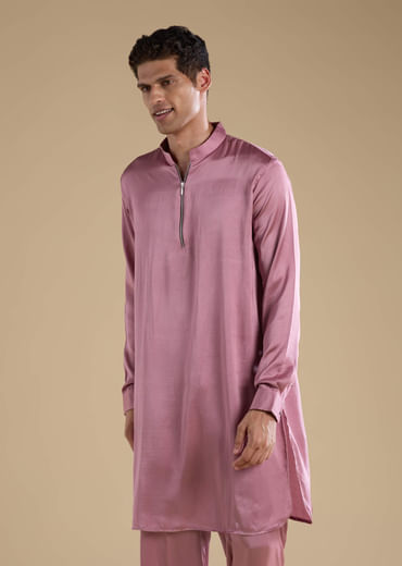 Pink Satin Silk Jacket and Kurta Set with Metal Work