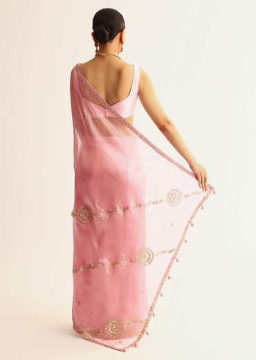 Pink Sequin Embroidered Organza Saree With Gotta Patti Embroidery