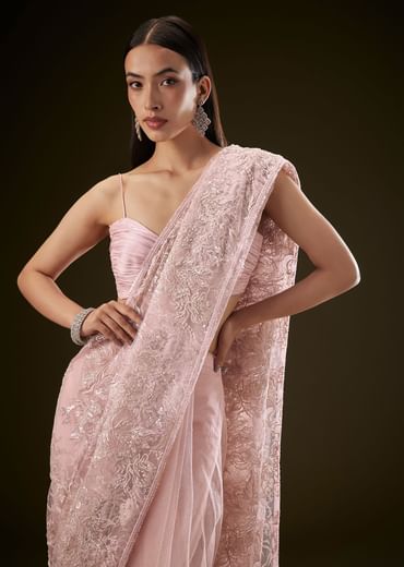 Pink Sequins Saree With Ruched Blouse