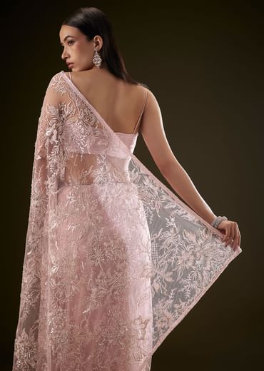 Pink Sequins Saree With Ruched Blouse