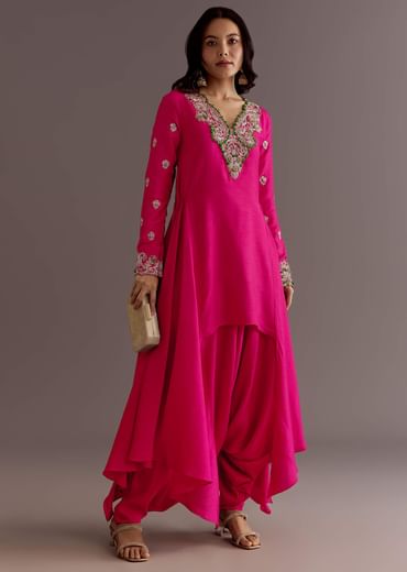 Pink Silk Asymmetrical Zardosi Work Kurta Dhoti Set