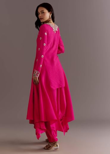 Pink Silk Asymmetrical Zardosi Work Kurta Dhoti Set