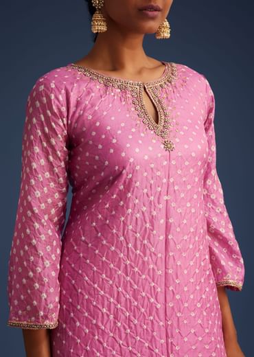 Pink Silk Bandhani Embroidered Asymmetrical Kurta Dhoti Set