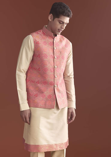 Pink Silk Bandhani Kurta Jacket Set For Men With Geometric Motifs