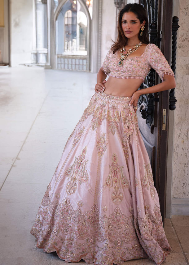 Pink Silk Bridal Lehenga With Embroidery And Embellished Detail