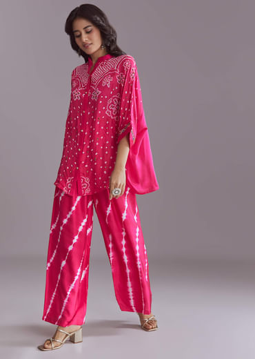 Pink Silk Co-Ord Set With Authentic Bandhani And Leheriya Print