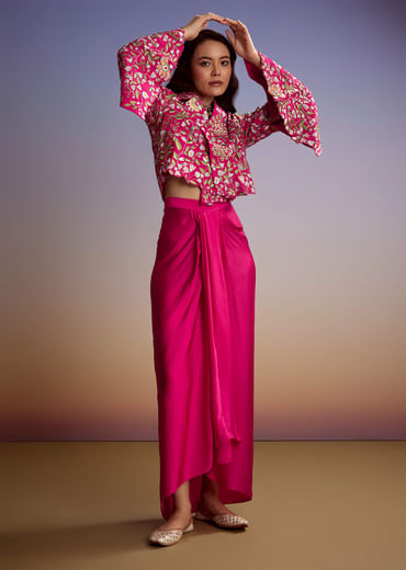 Pink Silk Crop Top Skirt With Resham Work